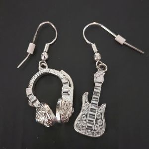 Silver Guitar and Headphones Earrings with Rhinestones